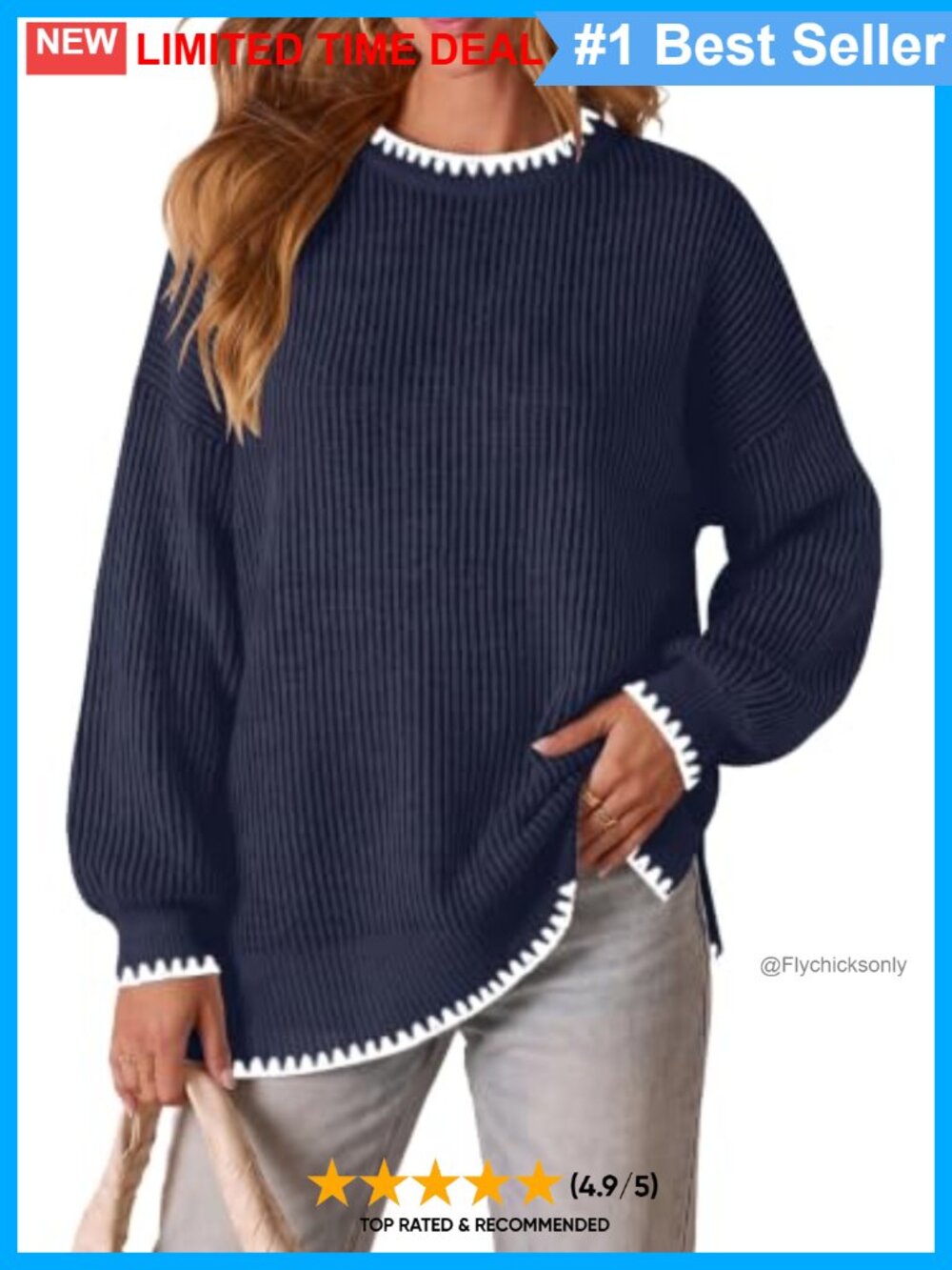 Womens Oversized Striped Knit Pullover Sweater Batwing Sleeve Crew Neck